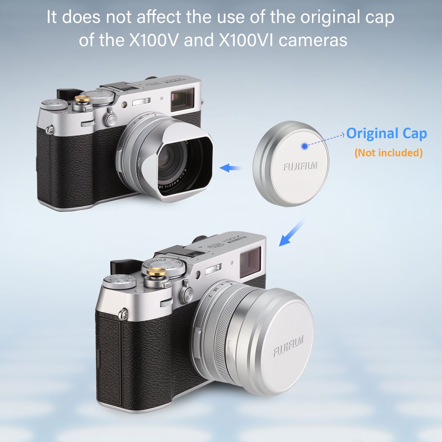 Haoge LH-X54W Square Metal Lens Hood with 49mm Adapter Ring for Fujifilm Fuji X100VI x100v Camera Silver
