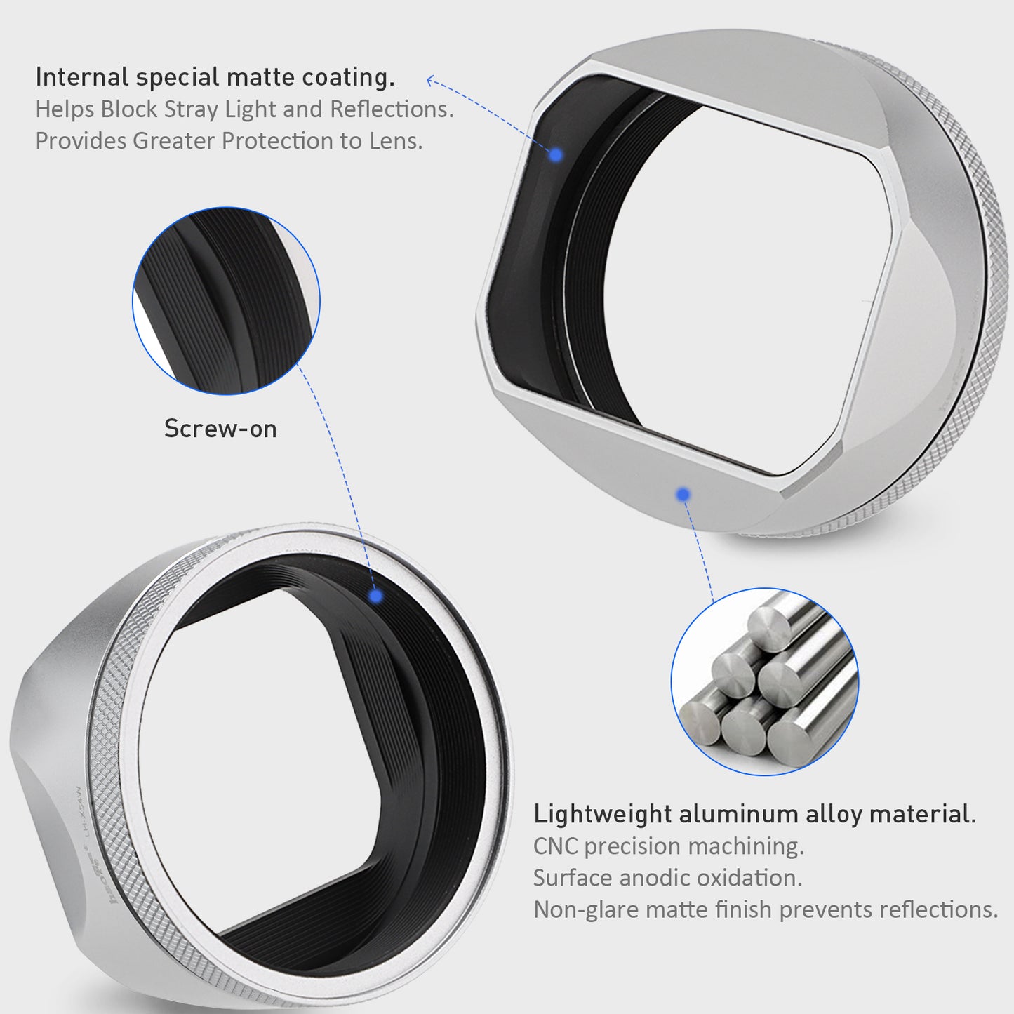 Haoge LH-X54W Square Metal Lens Hood with 49mm Adapter Ring for Fujifilm Fuji X100VI x100v Camera Silver