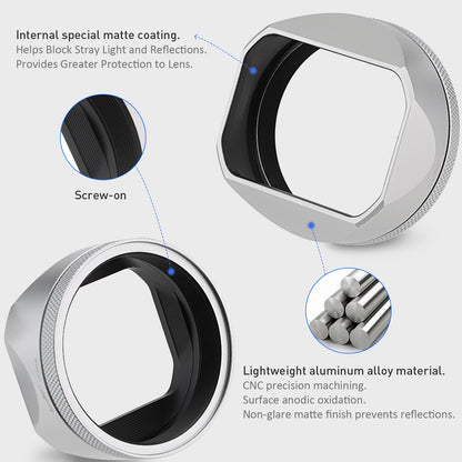 Haoge LH-X54W Square Metal Lens Hood with 49mm Adapter Ring for Fujifilm Fuji X100VI x100v Camera Silver