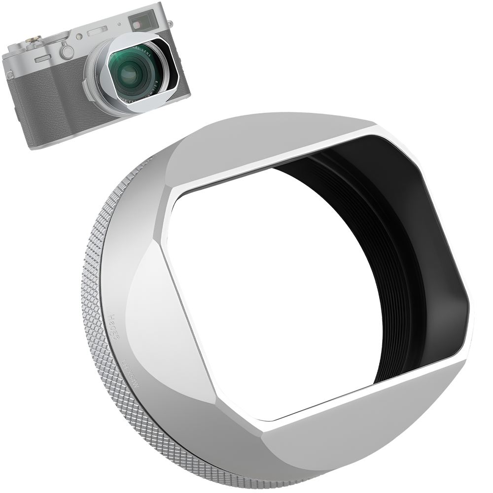 Haoge LH-X54W Square Metal Lens Hood with 49mm Adapter Ring for Fujifilm Fuji X100VI x100v Camera Silver