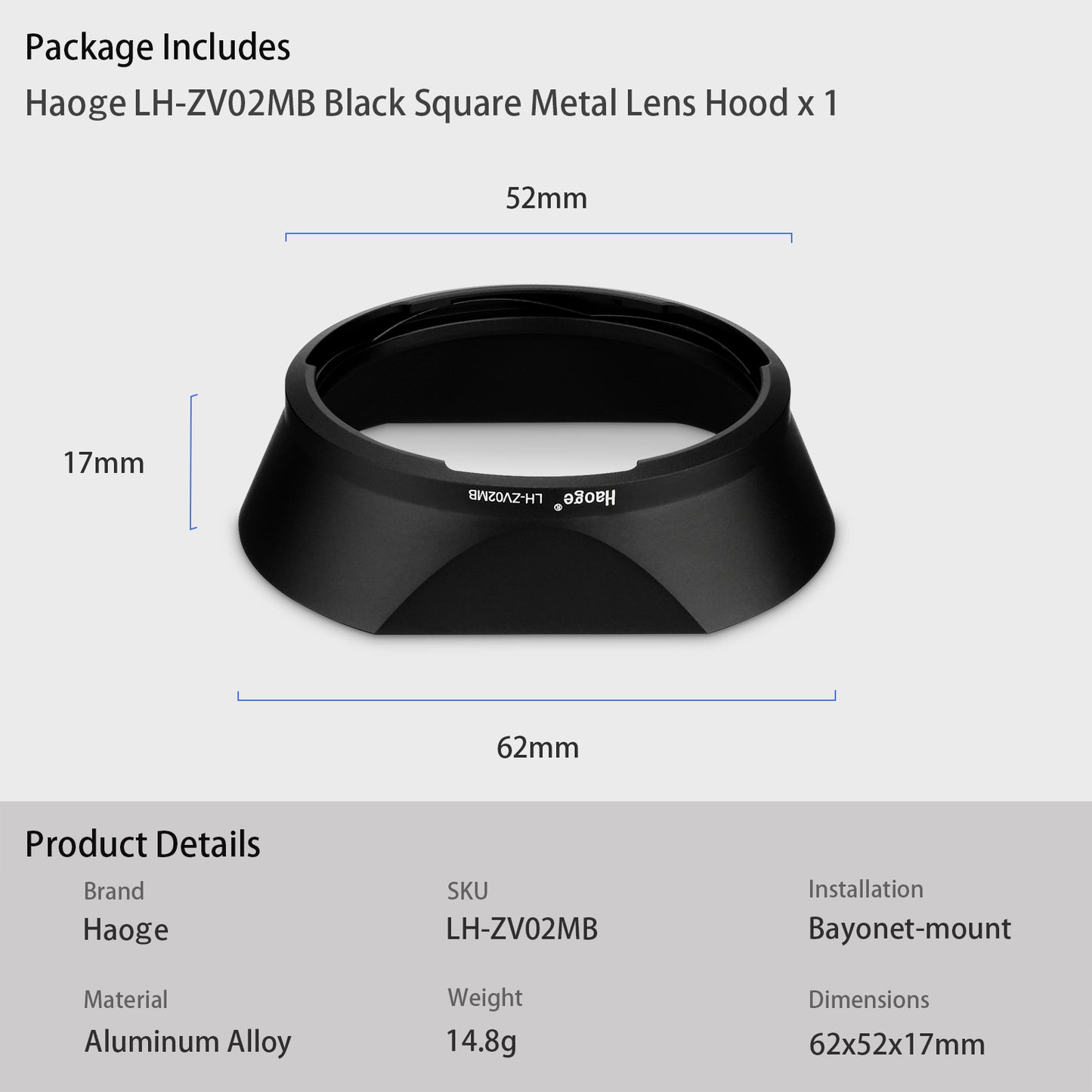 Haoge LH-ZV02MB Square Metal Lens Hood for Voigtlander Nokton 35mm f/1.4 II, 40mm f1.4 VM 50mm f1.5 Aspherical II VM 28mm f1.5,Carl Zeiss Biogon T* 2/35 35mm f2 ZM, C Biogon T* 2.8/35 35mm f2.8 ZM, Planar T* 2/50 50mm f2 ZM Lens