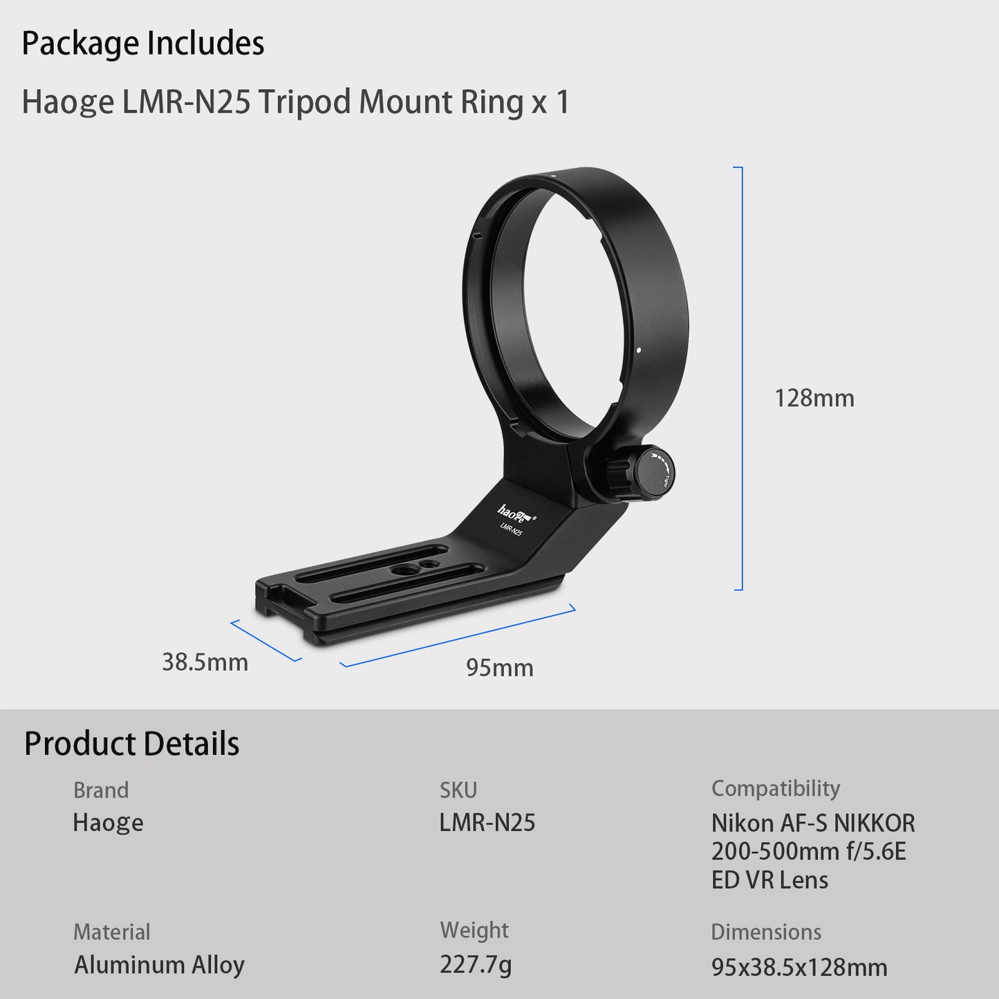 Haoge LMR-N25 Lens Collar Replacement Foot Tripod Mount Ring Stand Base for Nikon AF-S NIKKOR 200-500mm f/5.6E ED VR Lens built-in Arca Type Quick Release Plate