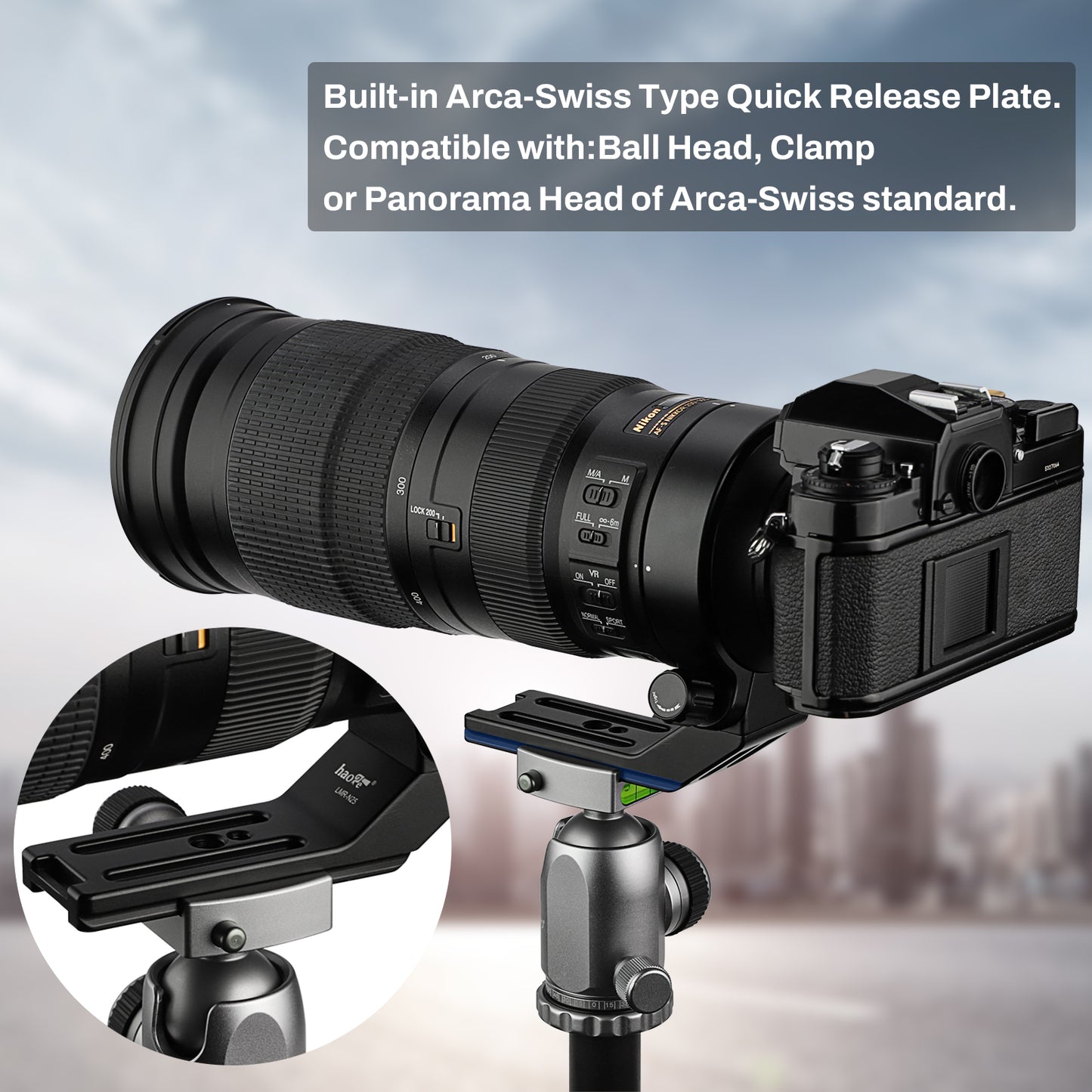 Haoge LMR-N25 Lens Collar Replacement Foot Tripod Mount Ring Stand Base for Nikon AF-S NIKKOR 200-500mm f/5.6E ED VR Lens built-in Arca Type Quick Release Plate