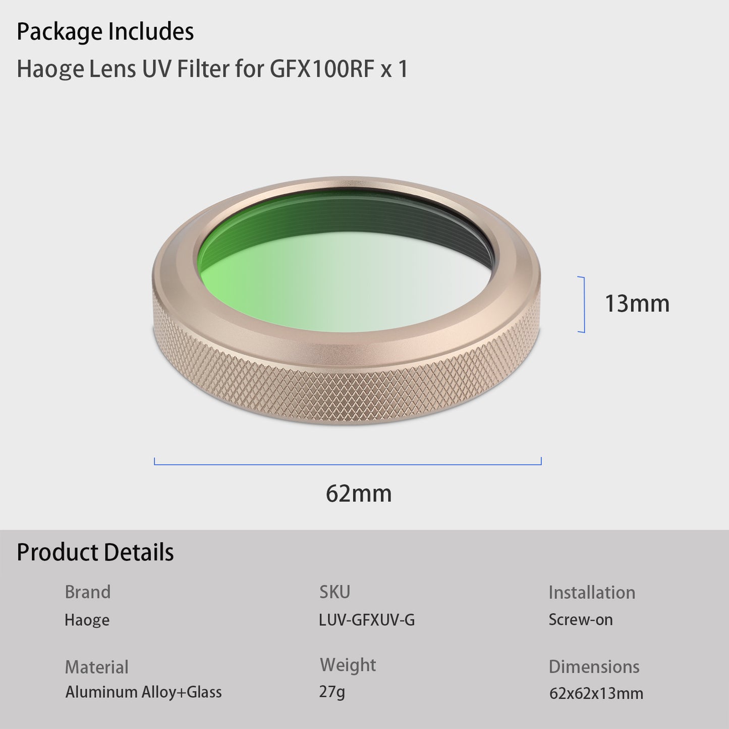 Haoge GFX100RF MC UV Camera Lens Protection Filter for Fujifilm GFX 100RF Camera Accessory Compatible with Original lens cap Gold LUV-GFXUV-G Waterproof Nano Coated HD Optical Glass