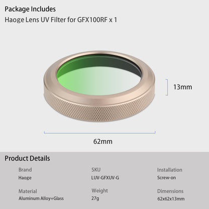 Haoge GFX100RF MC UV Camera Lens Protection Filter for Fujifilm GFX 100RF Camera Accessory Compatible with Original lens cap Gold LUV-GFXUV-G Waterproof Nano Coated HD Optical Glass