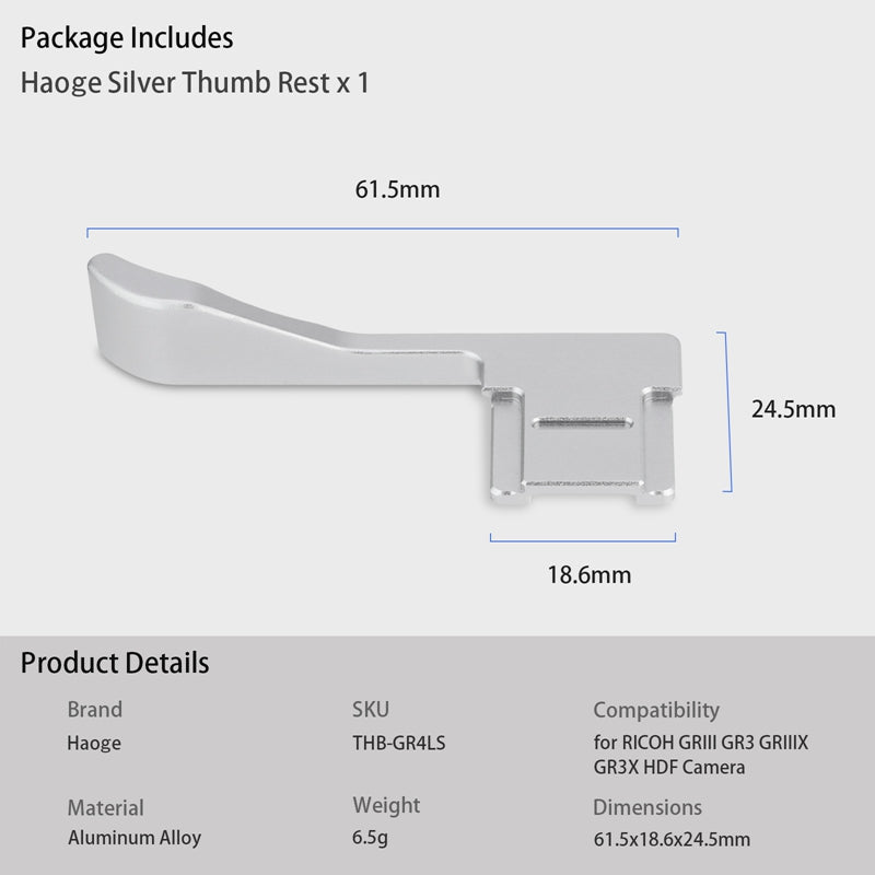 Haoge  Metal Thumb Grip Up Rest Hand Grip for RICOH GRIII GR3 GRIIIX GR3X HDF Camera Accessories Silver Hot Shoe Thumb Up THB-GR4LS