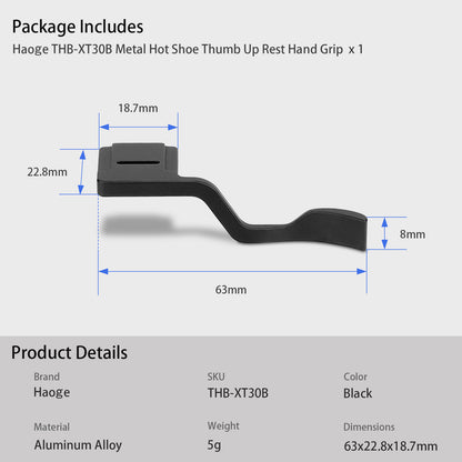 Haoge THB-XT30B Metall-Blitzschuh-Daumenauflage-Handgriff für Fujifilm Fuji X-T10 X-T20 X-T30 X-T30II X-T30III XT10 XT20 XT30 Kamera Schwarz 