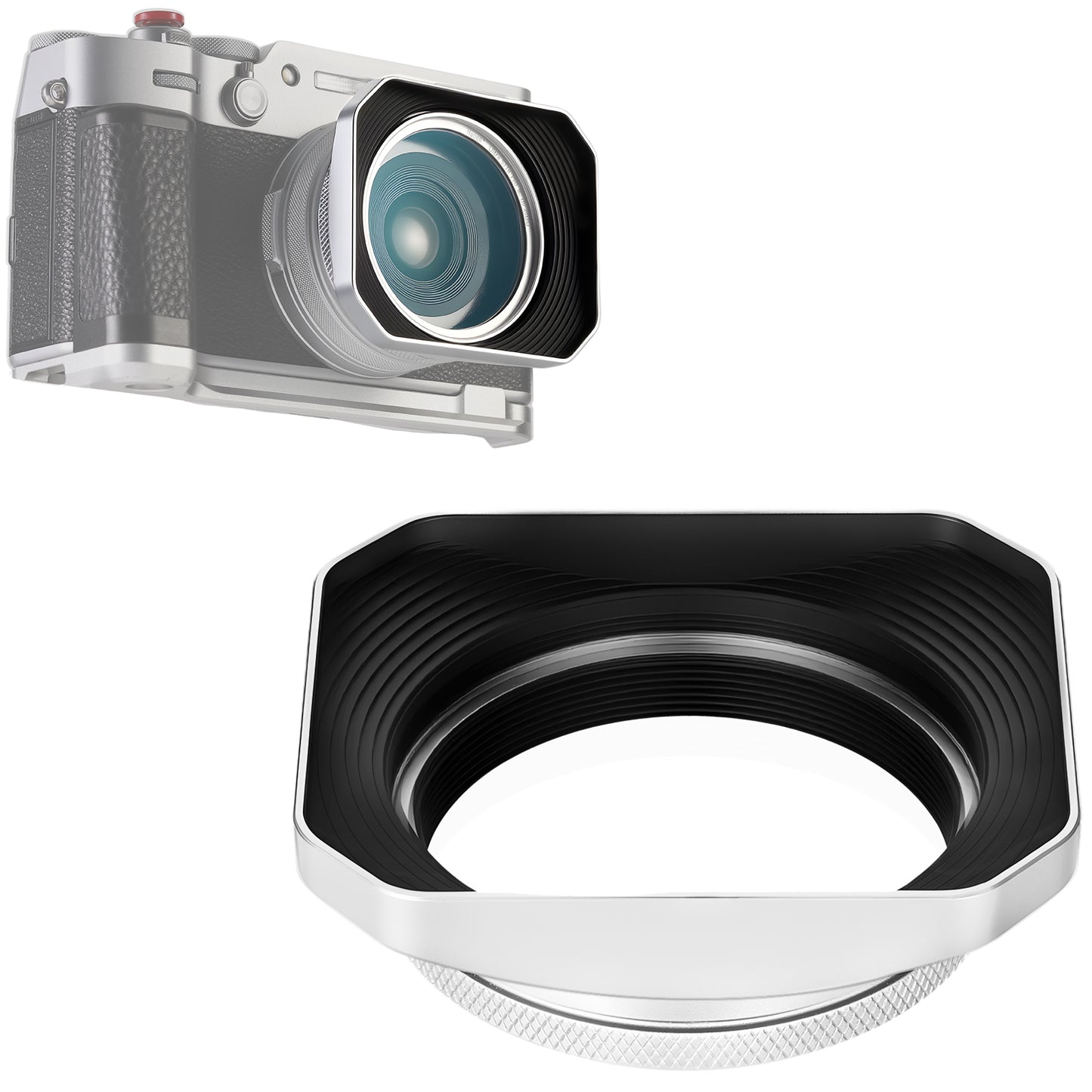 Haoge new version Square Metal Lens Hood for Fujifilm X100VI Fuji X100V X100F X100T X100S X70 Fuji Photo Camera Accessories with 49mm UV Filter Adapter Ring LH-X1006S Silver