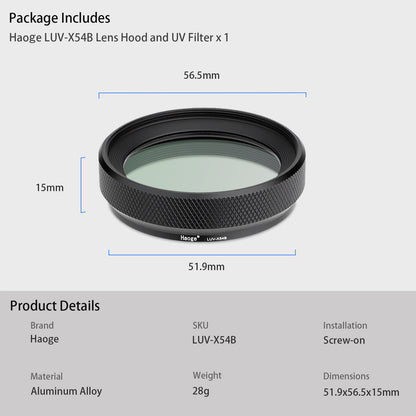 Haoge Metal Lens Hood with MC UV Protection Multicoated Ultraviolet Lens Filter for Fujifilm Fuji X100VI Camera Black LUV-X54B