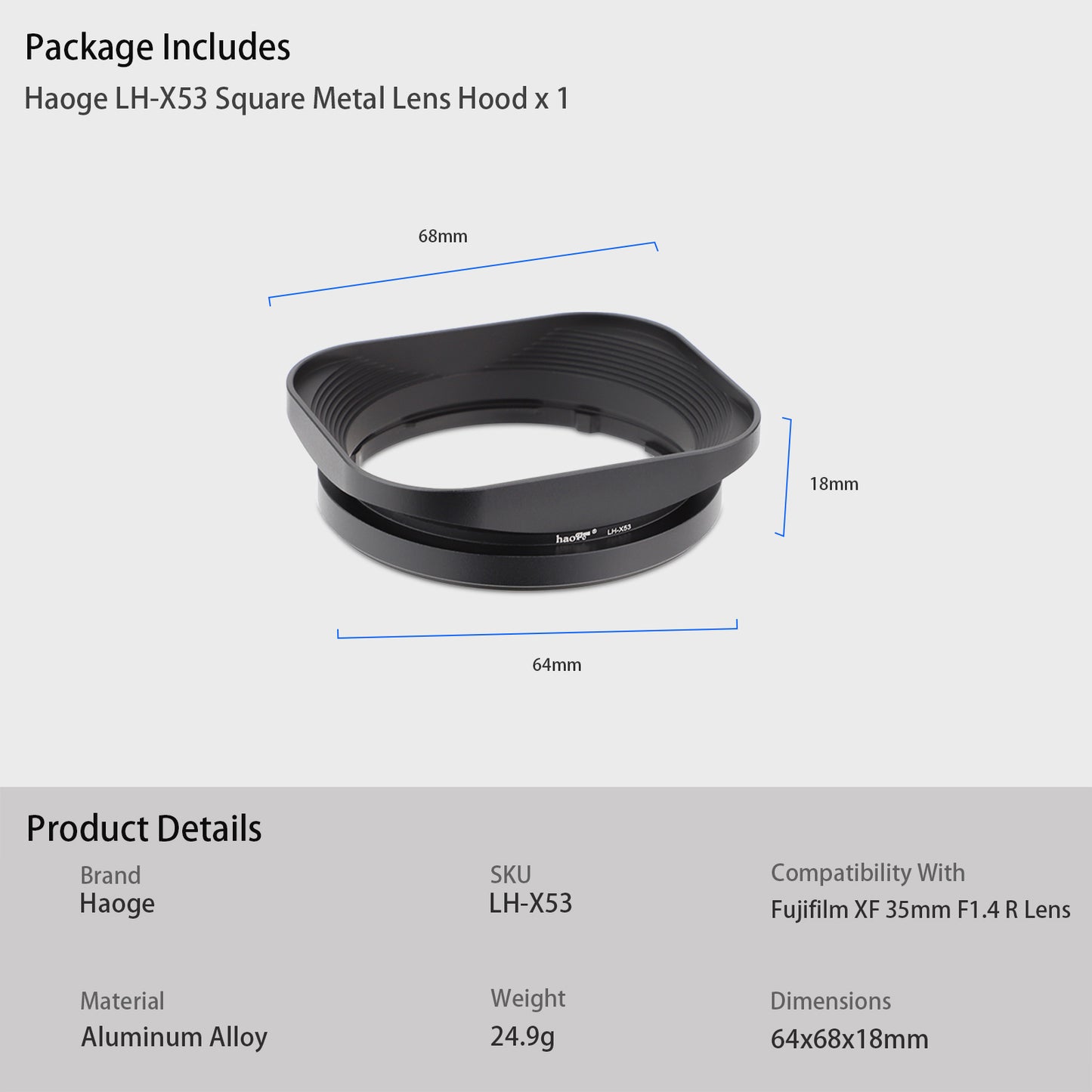 Haoge LH-X53 Quadratische Gegenlichtblende aus Metall für Fujifilm Fuji Fujinon XF 35mm F1.4 R / XF35mmF1.4 R Objektiv 