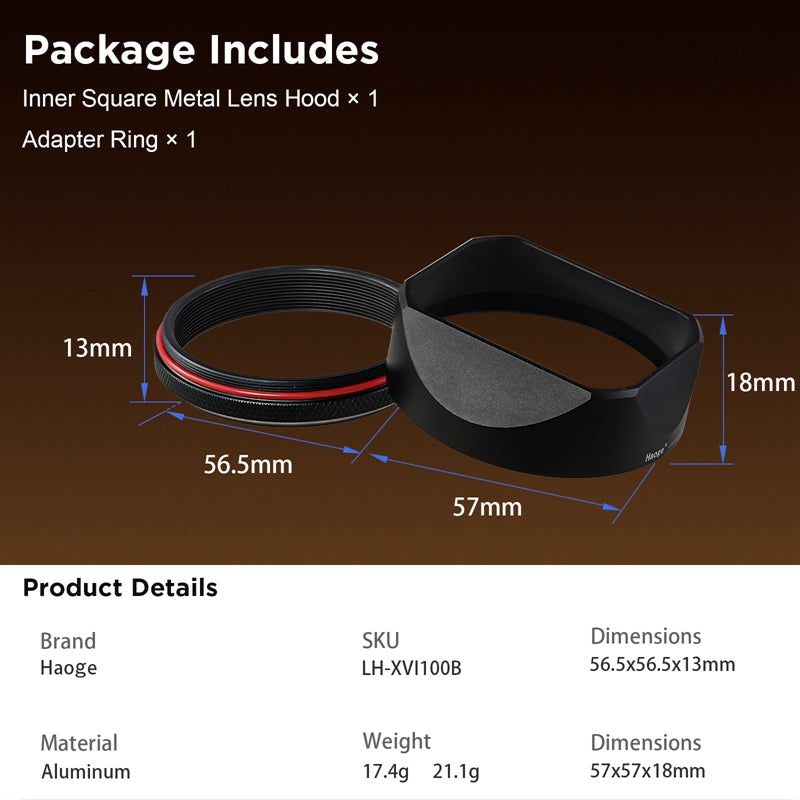 Haoge Square Metal Lens Hood for Fujifilm X100VI Fuji X100V X100F X100T X100S X70 Camera Silver with 49mm UV Filter Adapter Ring LH-XVI100S