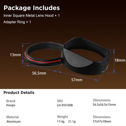 Haoge Square Metal Lens Hood for Fujifilm X100VI Fuji X100V X100F X100T X100S X70 Camera Silver with 49mm UV Filter Adapter Ring LH-XVI100S