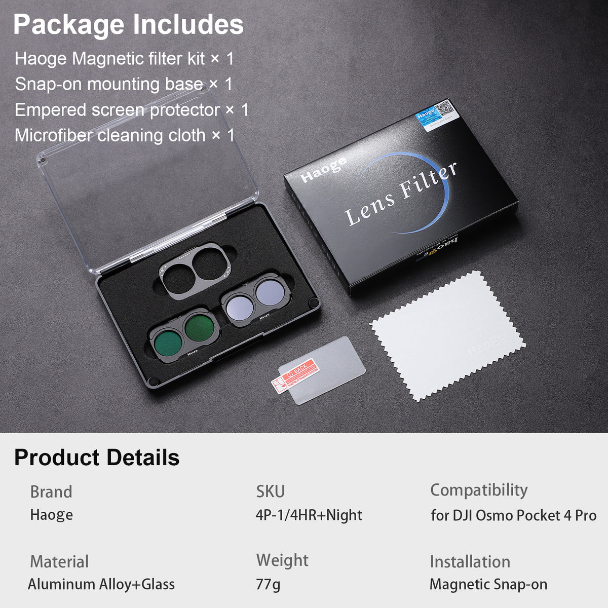 Haoge Magnetic Filter Kit for DJI Osmo Pocket 4 Pro (4P),Includes Black Mist 1/4,Light Pollution Filter,2-Pack