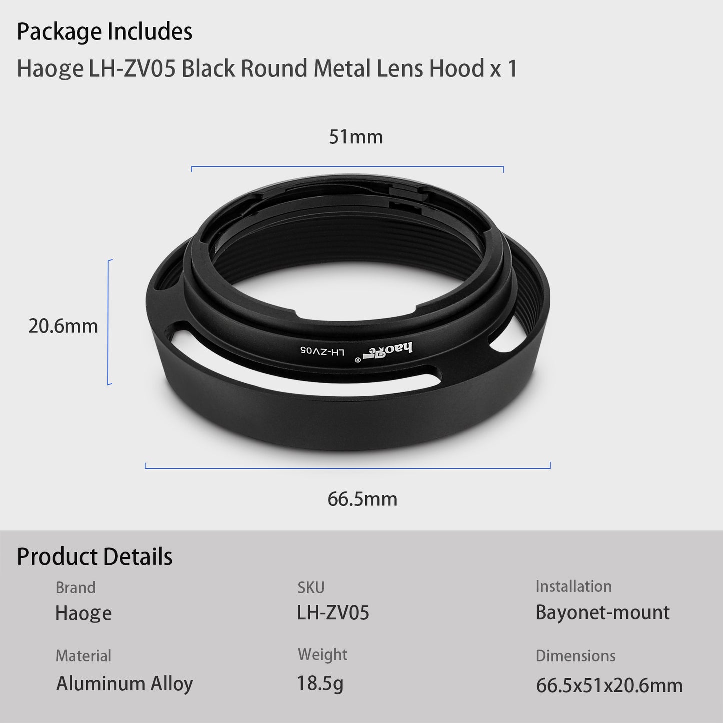 Haoge LH-ZV05 Round Metal Lens Hood for Carl Zeiss Biogon T* 2/35 35mm f2 ZM, C Biogon T* 2.8/35 35mm f2.8 ZM, Planar T* 2/50 50mm f2 ZM; Voigtlander NOKTON CLASSIC 35mm f1.4 I＆II VM, 40mm f1.4 VM;50mm f/1.5 Aspherical II VM Lens