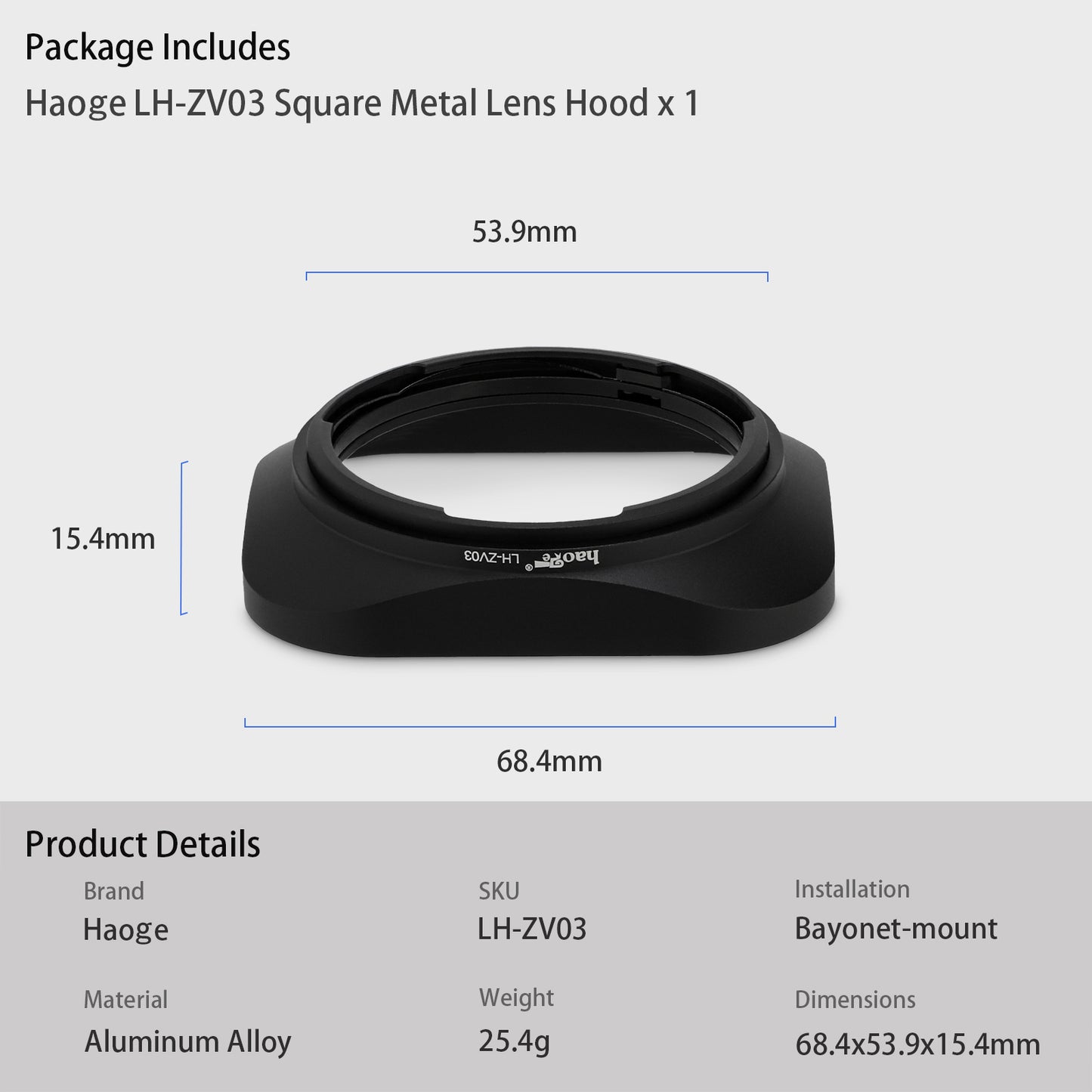 Haoge LH-ZV03 Square Metal Lens Hood for Carl Zeiss Distagon T* 2.8/21 21mm f2.8 ZM, C Biogon T* 4.5/21 21mm f4.5 ZM, 2.8/25 25mm f2.8 ZM, 2.8/28 28mm f2.8 ZM, C Sonnar T* 1.5/50 50mm f1.5 ZM Lens