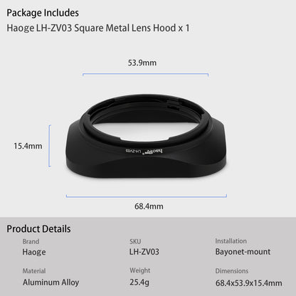 Haoge LH-ZV03 Square Metal Lens Hood for Carl Zeiss Distagon T* 2.8/21 21mm f2.8 ZM, C Biogon T* 4.5/21 21mm f4.5 ZM, 2.8/25 25mm f2.8 ZM, 2.8/28 28mm f2.8 ZM, C Sonnar T* 1.5/50 50mm f1.5 ZM Lens