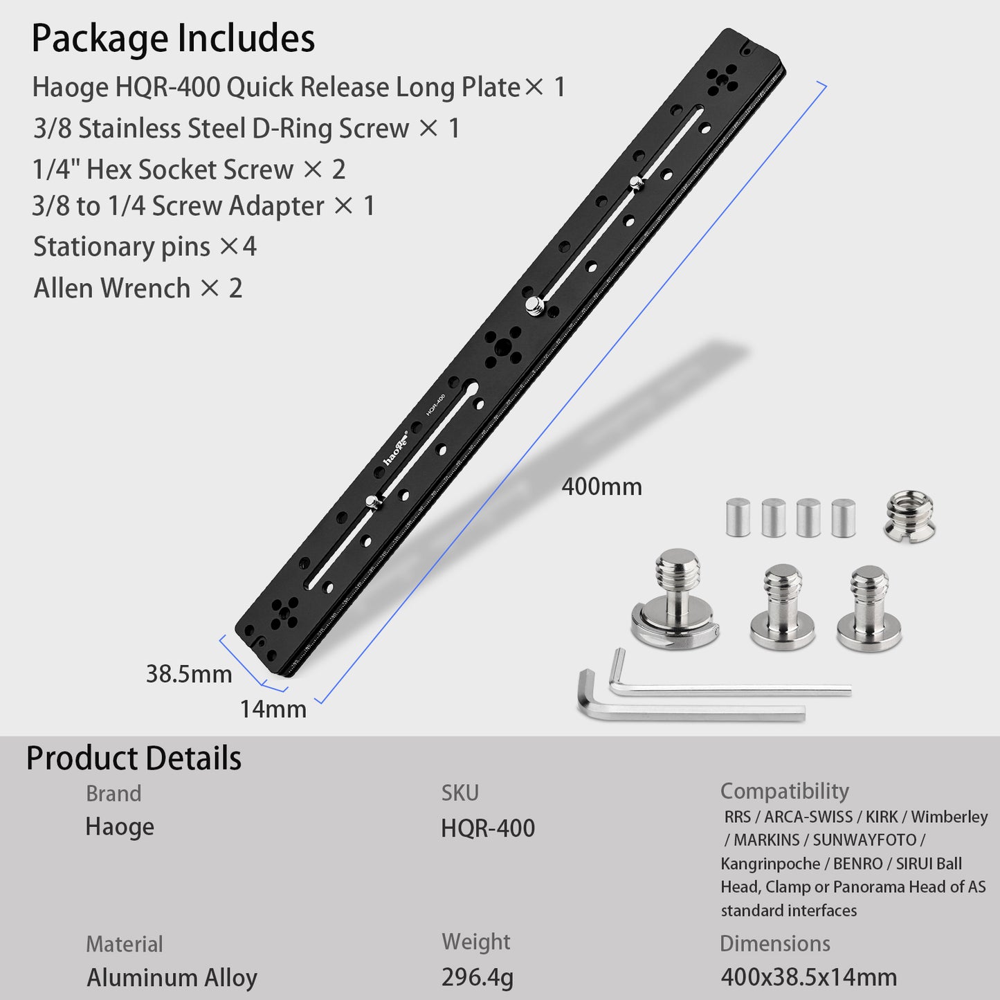 Haoge HQR-400 400mm Multi-purpose Dual Dovetail Long Quick Release Extender Rail Sliding Plate for Camera Tripod Ballhead Clamp fit Benro Arca Swiss Sunwayfoto