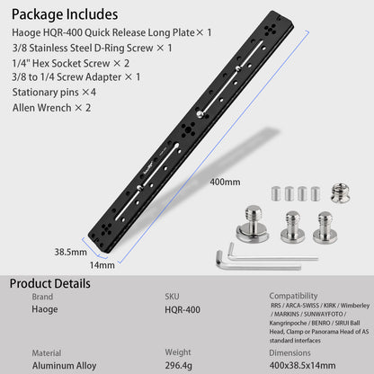 Haoge HQR-400 400mm Multi-purpose Dual Dovetail Long Quick Release Extender Rail Sliding Plate for Camera Tripod Ballhead Clamp fit Benro Arca Swiss Sunwayfoto