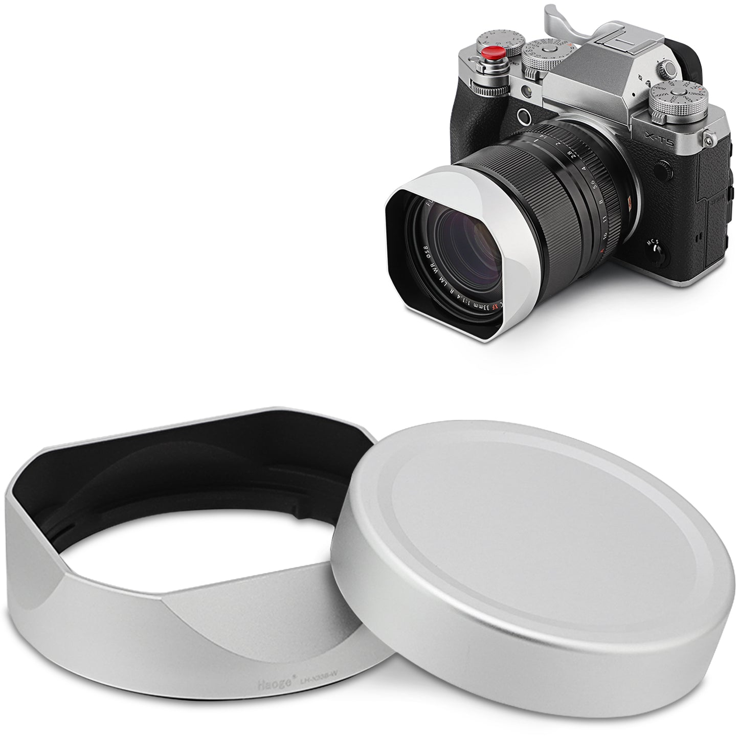 Haoge Silver Metal Square Lens Hood for Fujifilm XF33mm F1.4 R LM WR Lens, Fuji XF23mmF1.4 R LM WR,Fujinon XF 16-50mm F2.8-4.8 R LM WR lens, Bayonet  Hood Shade,With Metal Cap Kit,