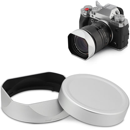 Haoge Silver Metal Square Lens Hood for Fujifilm XF33mm F1.4 R LM WR Lens, Fuji XF23mmF1.4 R LM WR,Fujinon XF 16-50mm F2.8-4.8 R LM WR lens, Bayonet  Hood Shade,With Metal Cap Kit,