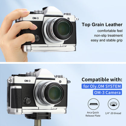 Haoge Camera Bracket Holder Hand Grip for OM SYSTEM OM-3 Camera fit Arca Swiss Kirk RRS Benro Quick Release Plate Silver HG-OM3-S