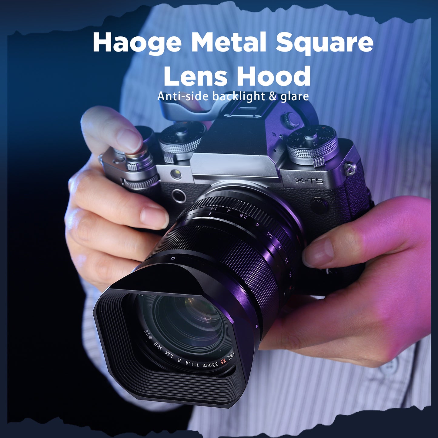 Haoge Metal Square Lens Hood for Fujifilm Fujinon Fuji XF 16-50mm F2.8-4.8 R LM WR&XF33mm F1.4 R LM WR,XF 23mm f/1.4 R LM WR lens Replaces LH-XF23 II/LH-XF23-2 Lens Hood with a Hood Cap on X-T5 X-T4 XT50 XH2 Camera
