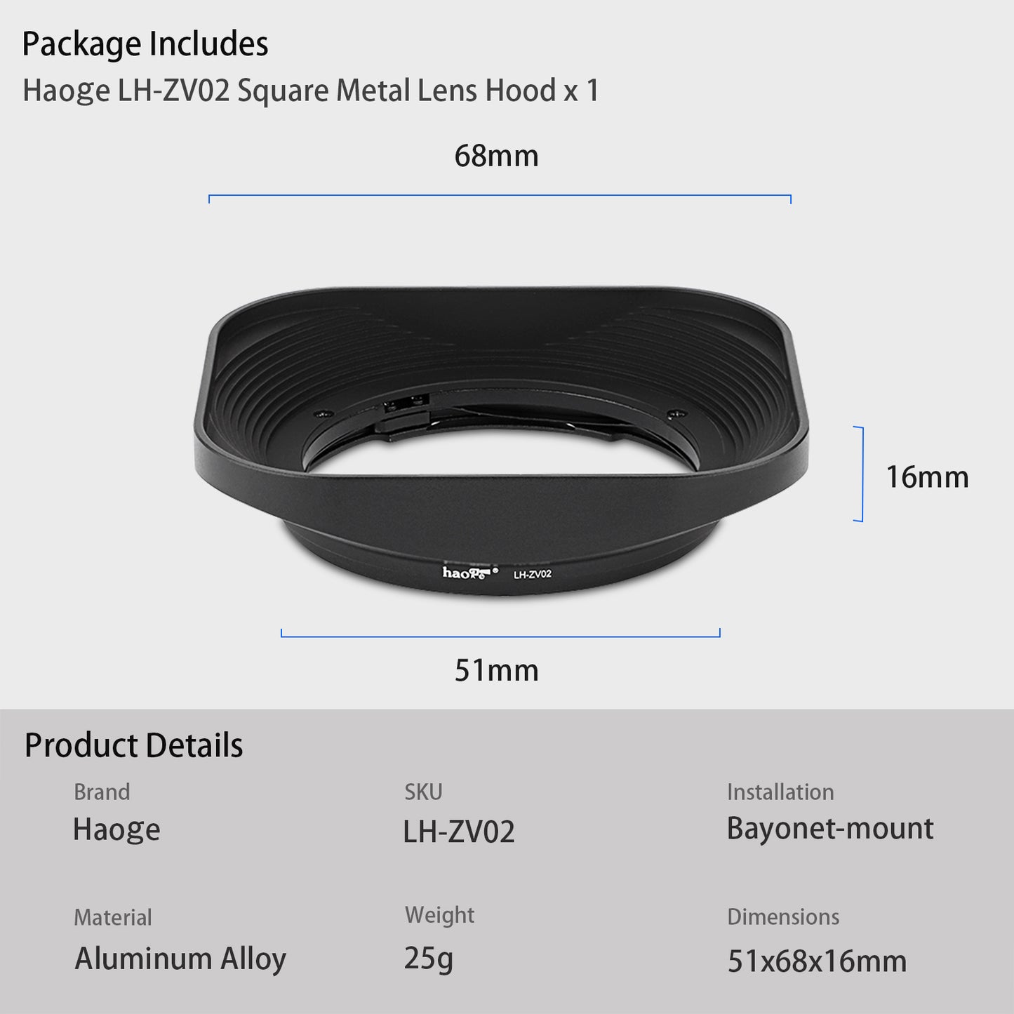 Haoge LH-ZV02 Square Metal Lens Hood for Carl Zeiss Biogon T* 2/35 35mm f2 ZM, C Biogon T* 2.8/35 35mm f2.8 ZM, Planar T* 2/50 50mm f2 ZM; Voigtlander NOKTON CLASSIC 35mm f1.4 I＆II VM, 40mm f1.4 VM;Voigtlander Nokton Vintage Line 50mm f/1.5 Aspherica Lens