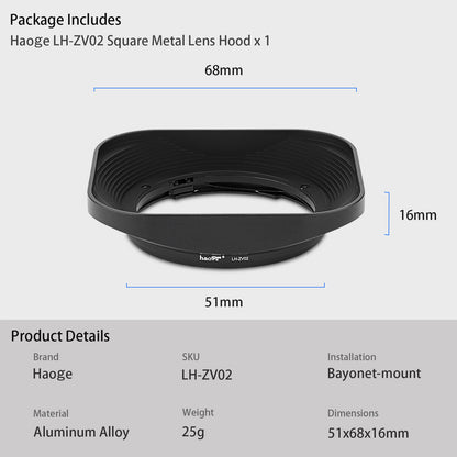 Haoge LH-ZV02 Square Metal Lens Hood for Carl Zeiss Biogon T* 2/35 35mm f2 ZM, C Biogon T* 2.8/35 35mm f2.8 ZM, Planar T* 2/50 50mm f2 ZM; Voigtlander NOKTON CLASSIC 35mm f1.4 I＆II VM, 40mm f1.4 VM;Voigtlander Nokton Vintage Line 50mm f/1.5 Aspherica Lens