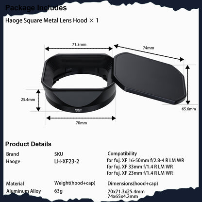 Haoge Metal Square Lens Hood for Fujifilm Fujinon Fuji XF33mm F1.4 R LM WR lens Replaces LH-XF23 II/LH-XF23-2 Lens Hood with a Hood Cap