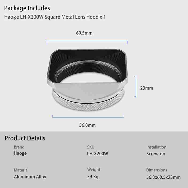 Haoge Square Metal Lens Hood  for Fujifilm X100VI Fuji X100V X100F with 49mm UV Filter Adapter Ring & Metal Cap Silver