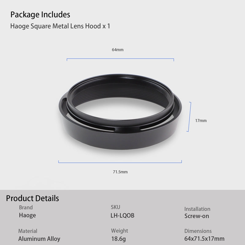 Haoge LH-LQ Metal Lens Hood Shade with Cap for Leica Q Q2 Q-P QP Typ 116 Typ116 Camera Black