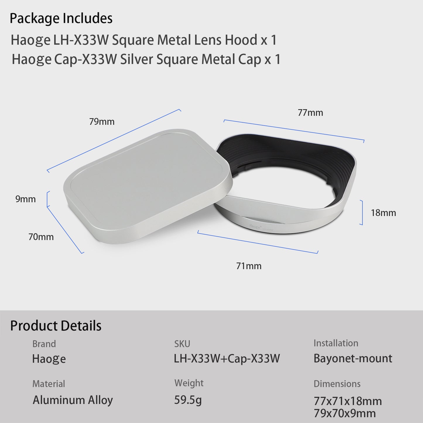 Haoge Silver Metal Square Lens Hood for Fujifilm XF 33mm F1.4 R WR Lens, Fuji XF 16-50mm,Fuji XF 23mm f/1.4 R LM WR lens Hood Shade Bayonet Mount