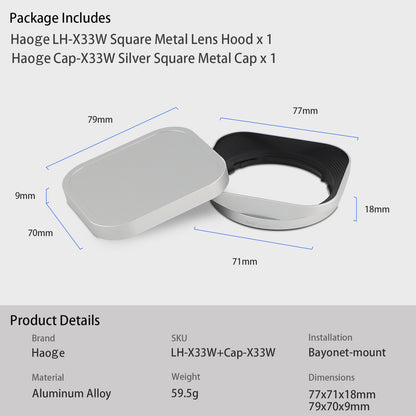 Haoge Silver Metal Square Lens Hood for Fujifilm XF 33mm F1.4 R WR Lens, Fuji XF 16-50mm,Fuji XF 23mm f/1.4 R LM WR lens Hood Shade Bayonet Mount