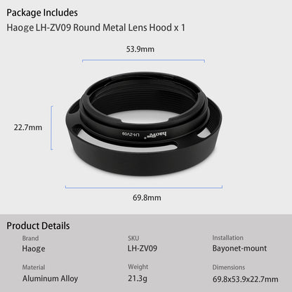 Haoge LH-ZV09 Round Metal Lens Hood for Carl Zeiss C Biogon T* 2.8/28 28mm f2.8 ZM, C Sonnar T* 1.5/50 50mm f1.5 ZM Lens
