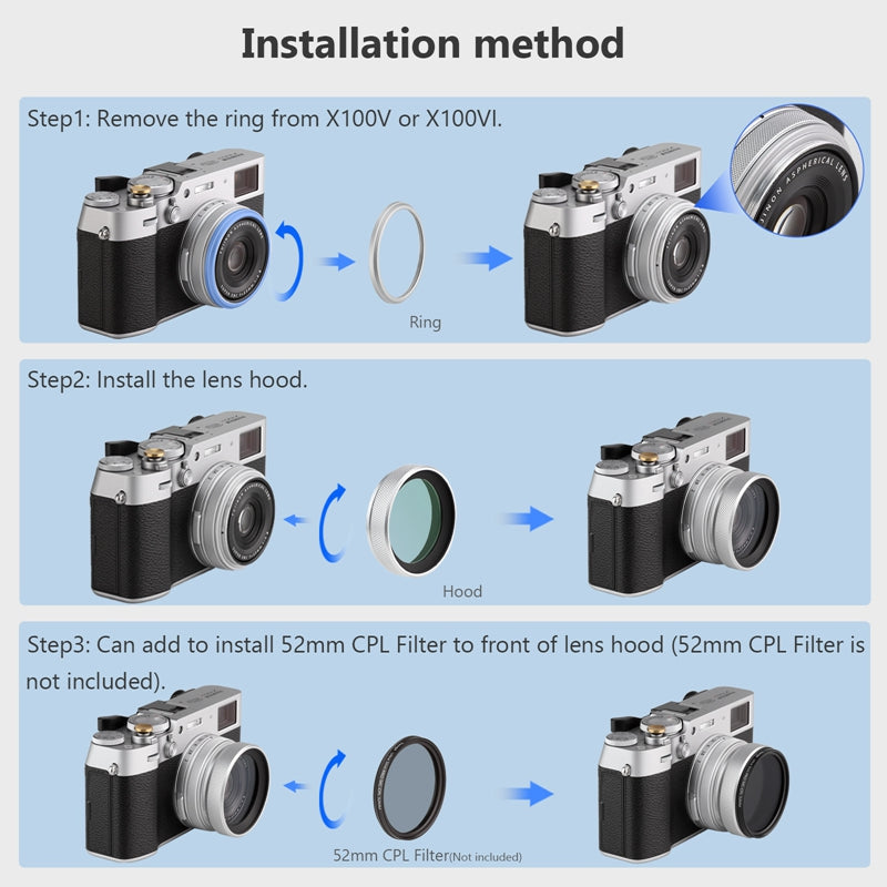 Haoge Metal Lens Hood with MC UV Protection Multicoated Ultraviolet Lens Filter for Fujifilm Fuji X100VI Camera Silver LUV-X54W