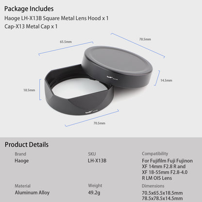 Haoge LH-X13B Bayonet Dedicated Lens Hood of Square Metal for Fuji Fujifilm Fujinon XF 18-55mm F2.8-4 R LM OIS Lens and Fujinon XF 14mm F2.8 R Lens on X-Pro3 XT30 XT4 Camera (New Version with a Hood Metal Cap)