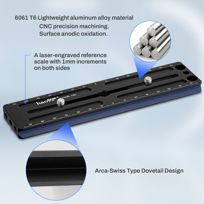 Haoge HQR-160 160mm Multi-Purpose Long Quick Release Extender Rail Sliding Plate for Camera Tripod Ballhead Clamp fit Benro Arca Swiss Sunwayfoto