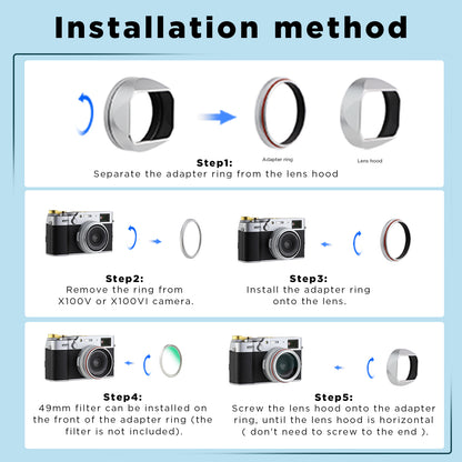 Haoge LH-X54W Square Metal Lens Hood with 49mm Adapter Ring for Fujifilm Fuji X100VI x100v Camera Silver