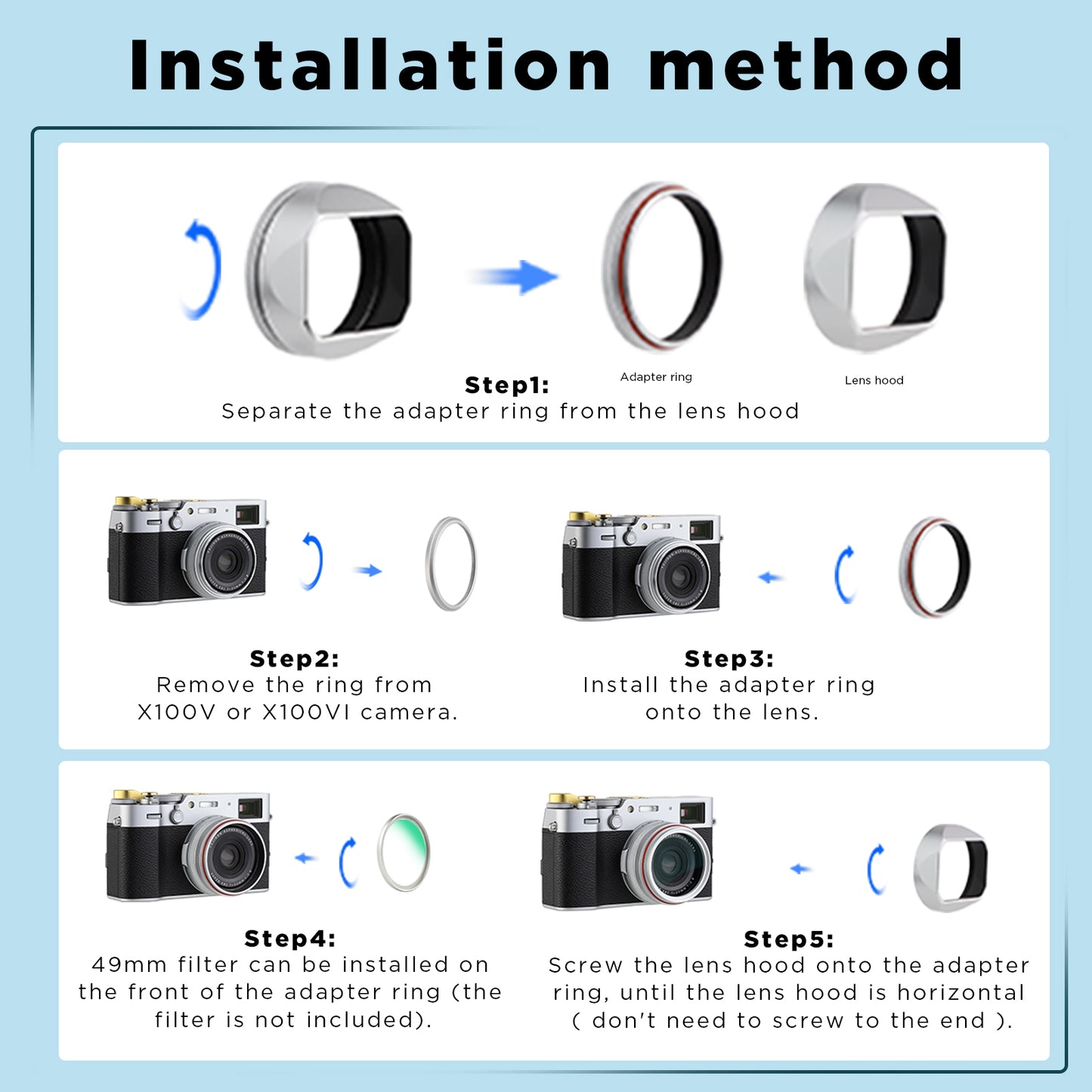 Haoge Square Metal Lens Hood for Fujifilm X100VI Fuji x100vi X100V X100F X100T X100S X100 X70 Camera Silver with 49mm UV Filter Adapter Ring and Metal Cap