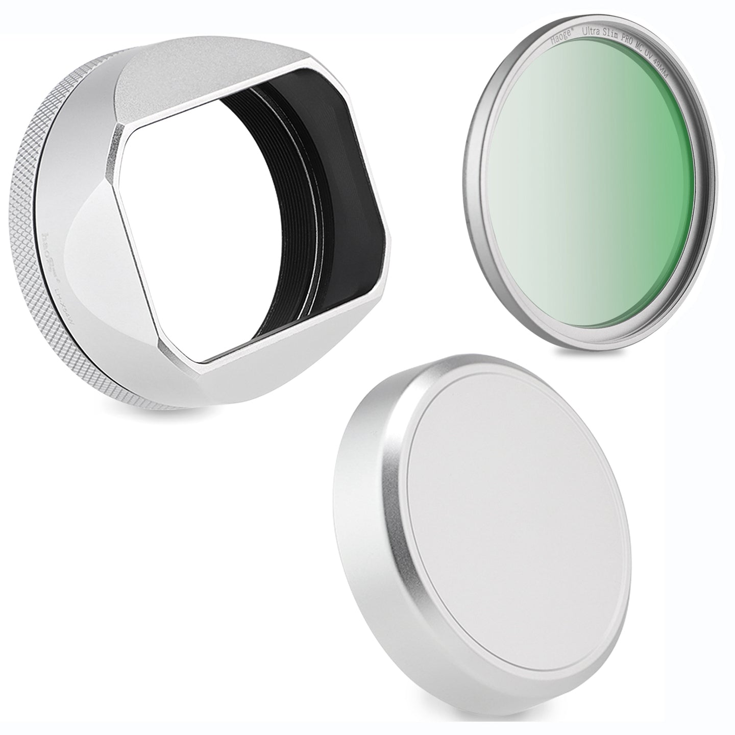 Haoge Square Metal Lens Hood for Fujifilm X100VI Fuji X100V X100F X100T X100S X70 Camera Silver with 49mm UV Filter Adapter Ring LH-XVI100S