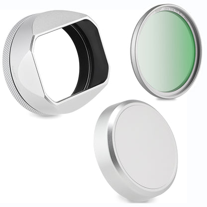 Haoge Square Metal Lens Hood for Fujifilm X100VI Fuji X100V X100F X100T X100S X70 Camera Silver with 49mm UV Filter Adapter Ring LH-XVI100S