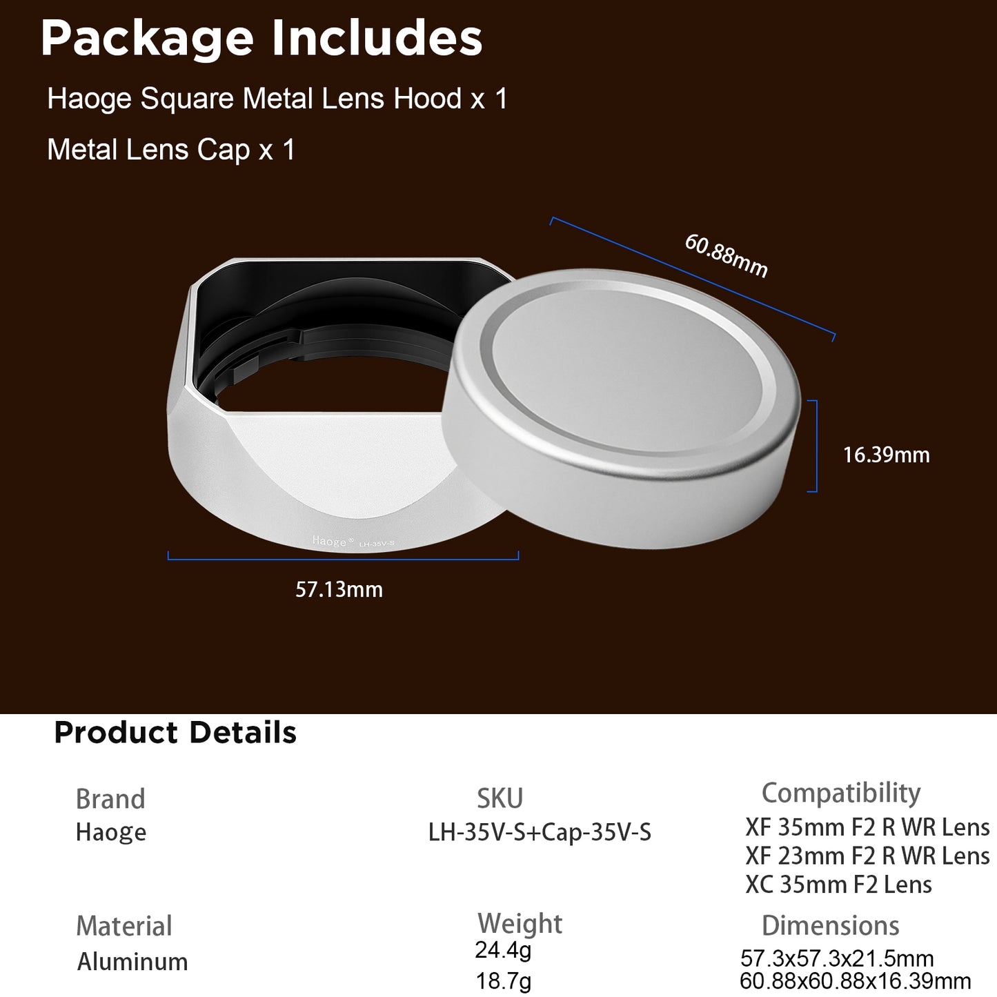 Haoge Metal Square Lens Hood for Fujifilm XF 23mm F2 R WR ，XF 35mm F2 R WR, XC 35mm F2 Lens, With Metal Front Cap Silver