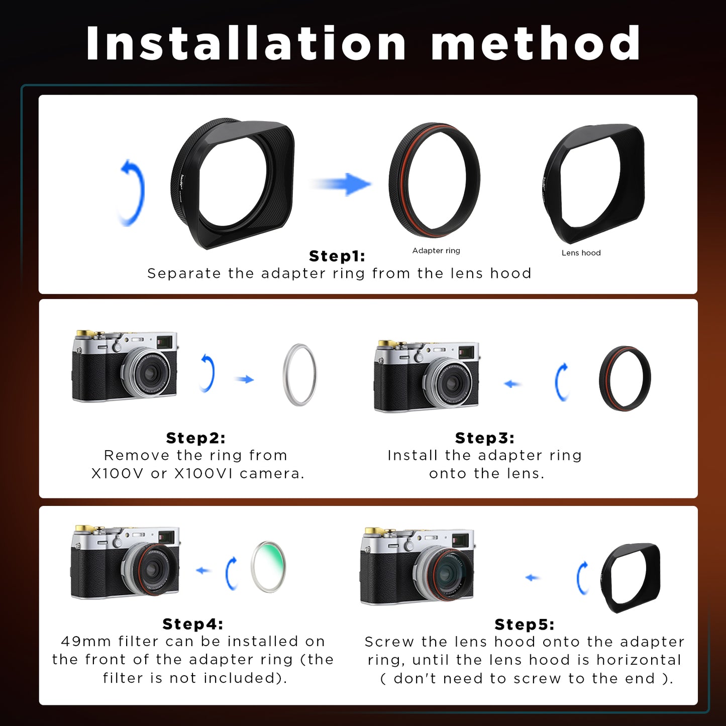 Haoge LH-X200B Square Metal Lens Hood with 49mm Adapter Ring for Fujifilm Fuji X100VI X100V X100F X100T X100S X100 X70 Fuji Photo Camera Accessories Black