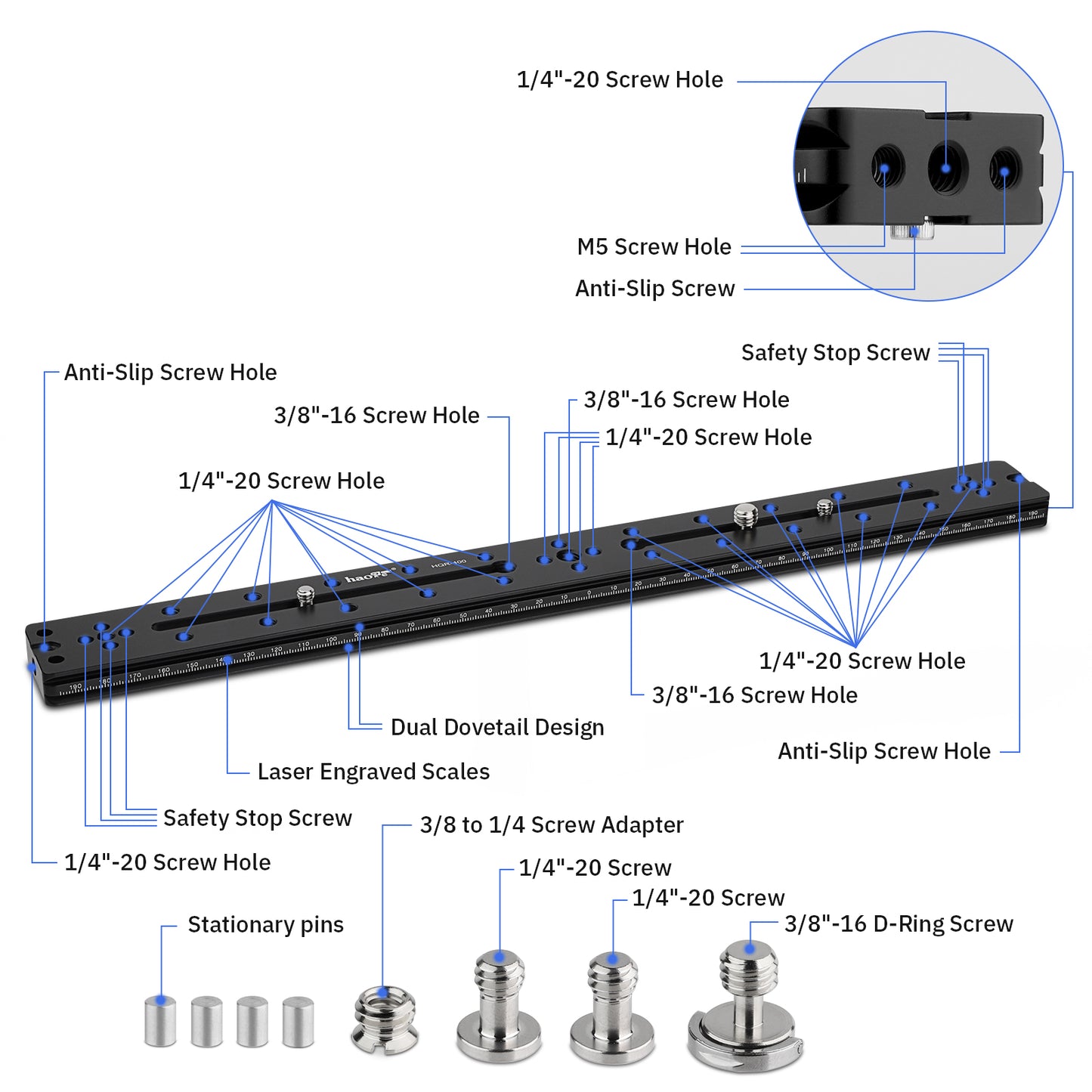 Haoge HQR-400 400mm Multi-purpose Dual Dovetail Long Quick Release Extender Rail Sliding Plate for Camera Tripod Ballhead Clamp fit Benro Arca Swiss Sunwayfoto