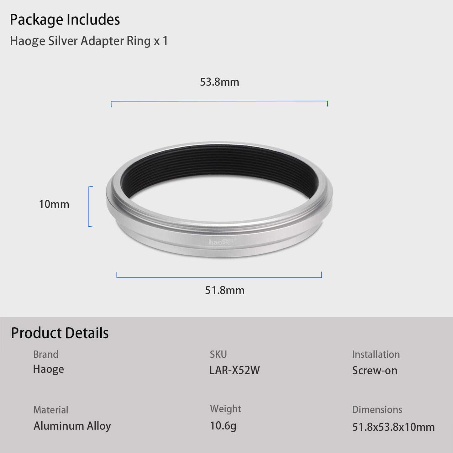 Haoge LAR-X52W Lens Filter Adapter Ring for Fujifilm Fuji X100VI X100V Camera fit 49mm UV CPL ND Filter LensCap Replace AR-X100 Silver