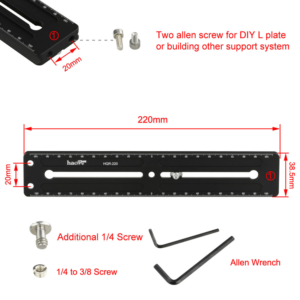 Haoge 220mm Multi-purpose Long Quick Release Extender Rail Sliding Plate for Camera Tripod Ballhead Clamp fit Benro Arca Swiss Sunwayfoto