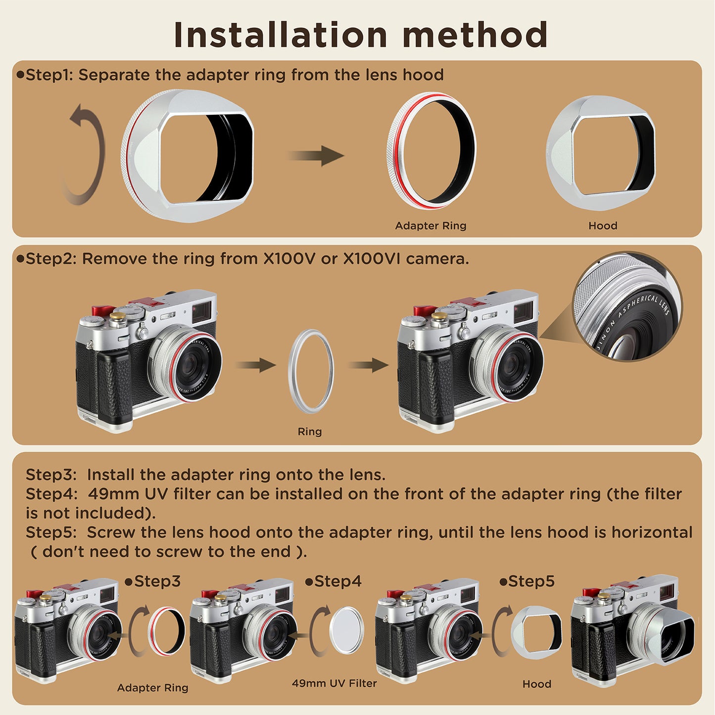 Haoge Square Metal Lens Hood for Fujifilm X100VI Fuji X100V X100F X100T X100S X70 Camera Silver with 49mm UV Filter Adapter Ring LH-XVI100S