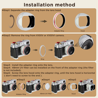 Haoge Square Metal Lens Hood for Fujifilm X100VI Fuji X100V X100F X100T X100S X70 Camera Silver with 49mm UV Filter Adapter Ring LH-XVI100S