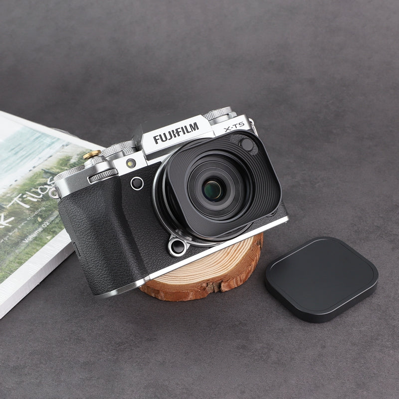 Haoge Lens Hood Metal Squaret for Fujifilm XF 23mm F2.8 R WR Lens Hood ,Fuji XF 27mm F2.8 R WR Lens Hood Silver ,With Metal Cap on Fuji X-E5 Camera