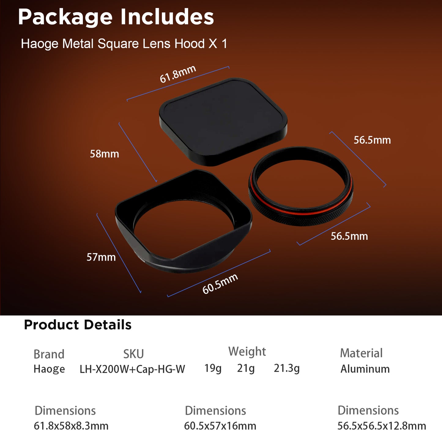 Haoge LH-X200B Square Metal Lens Hood with 49mm Adapter Ring for Fujifilm Fuji X100VI X100V X100F X100T X100S X100 X70 Fuji Photo Camera Accessories Black